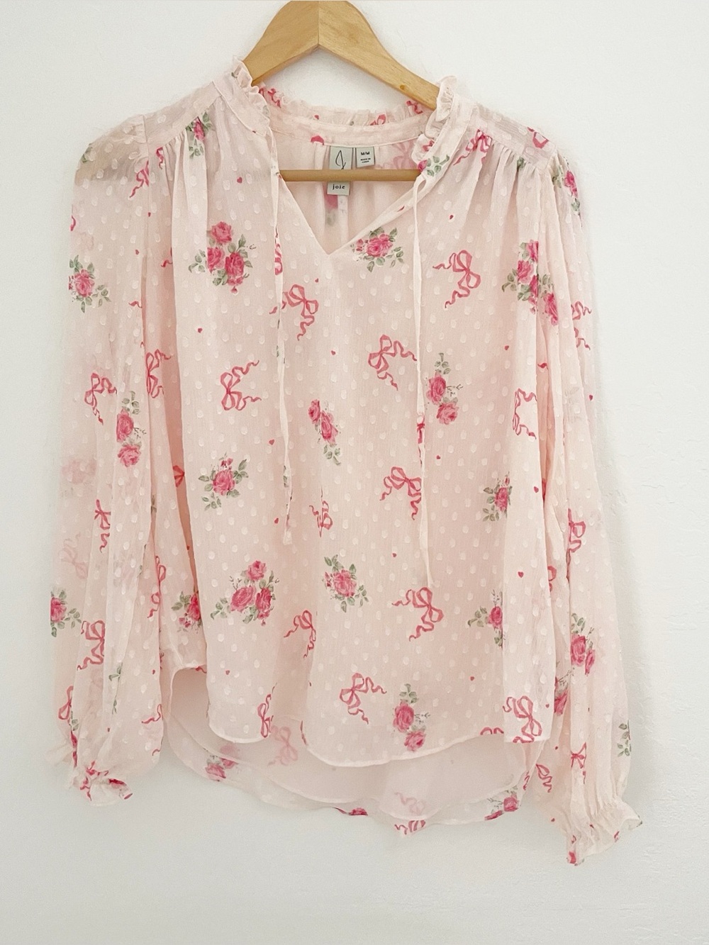 Joie clip-dot pink bow blouse size medium
